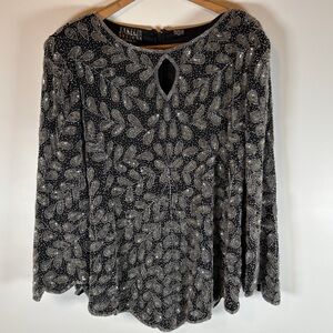 Vintage Sequin Beaded Silk 2X Black Silver Top Jakelin Designs